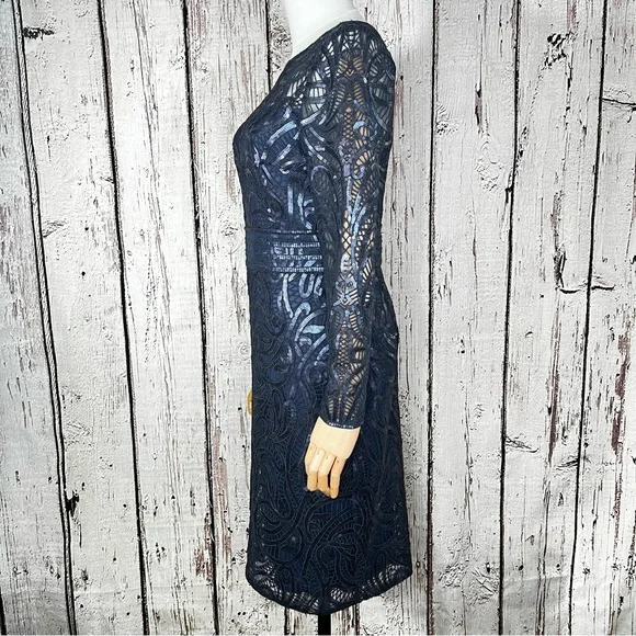 Tadashi Shoji Sequins Swirl Fitted Lace Long-Sleeve Cocktail Dress Size 2 EUC - Picture 12 of 16